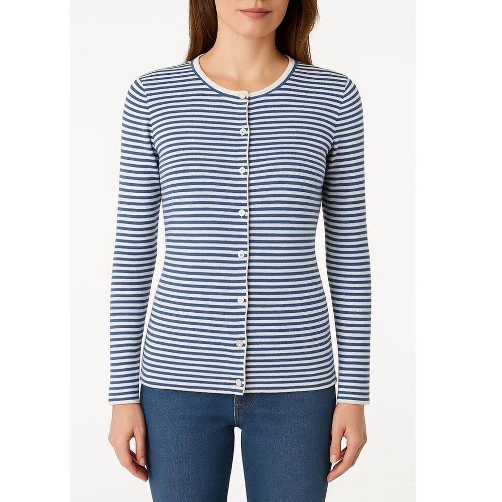 Boston Proper Cardigan Womens Small Linen Blend Blue White Striped Preppy